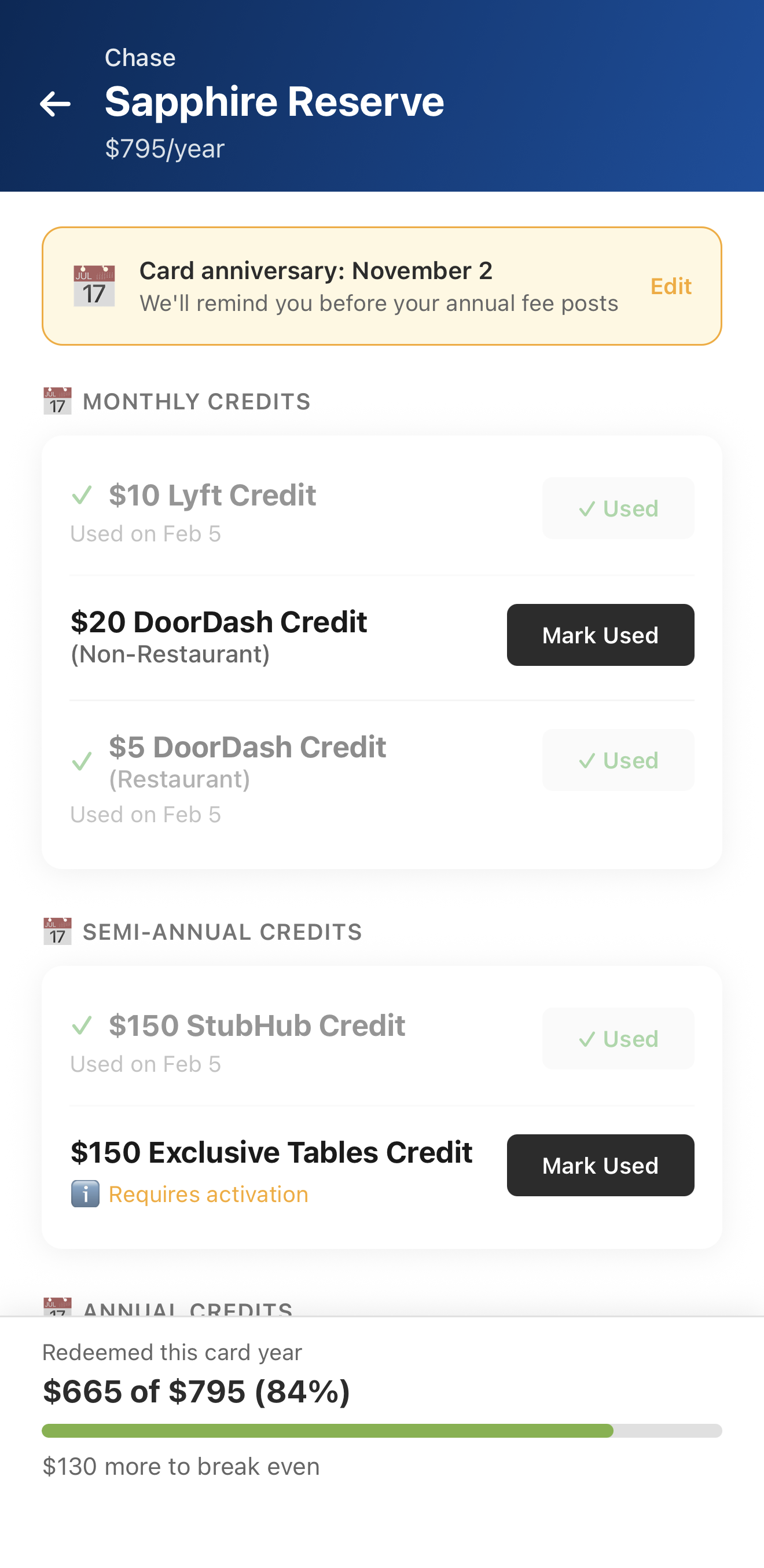 PerkMinder Card Detail with benefit tracking