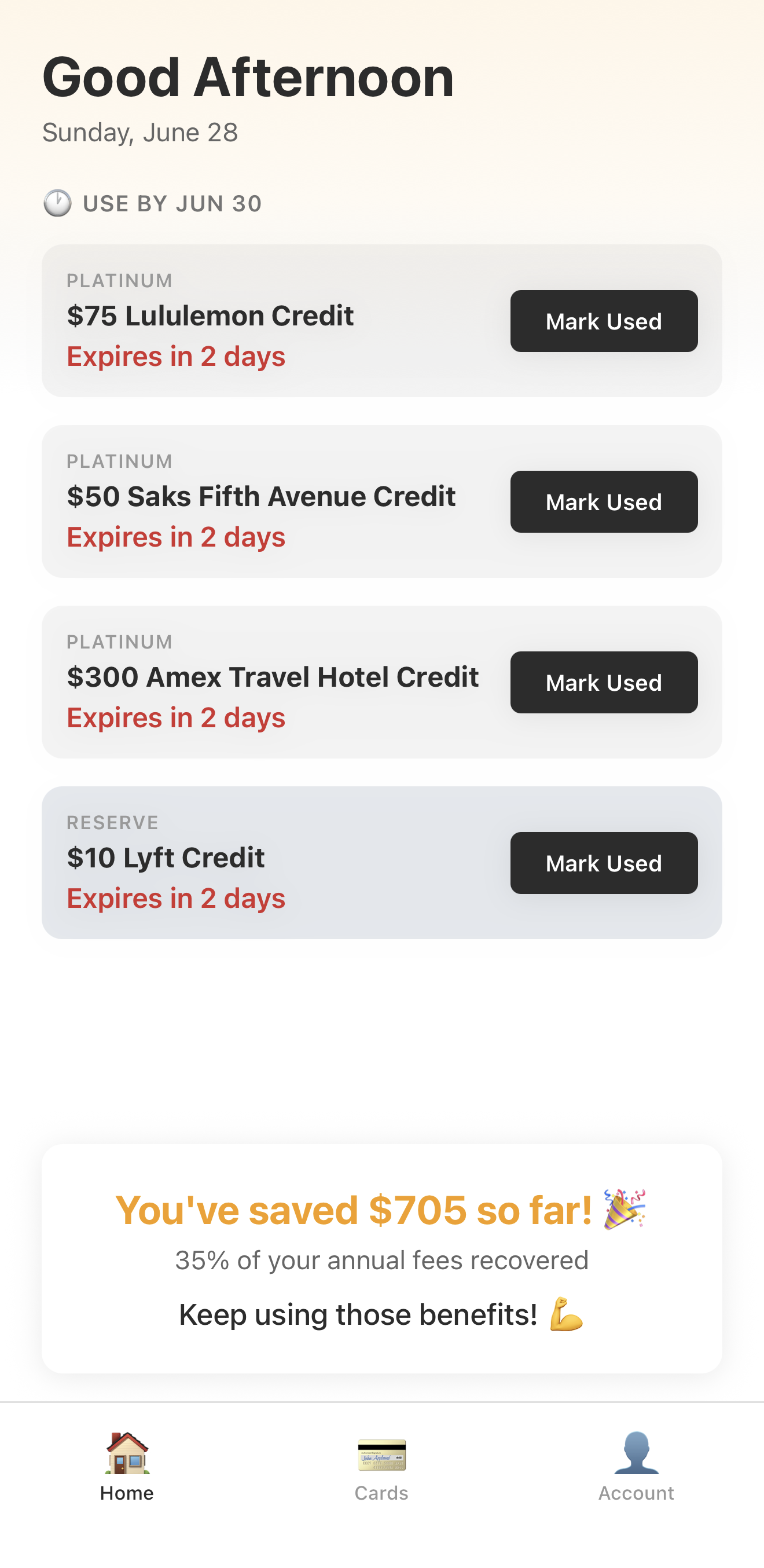 PerkMinder Home Screen showing expiring benefits